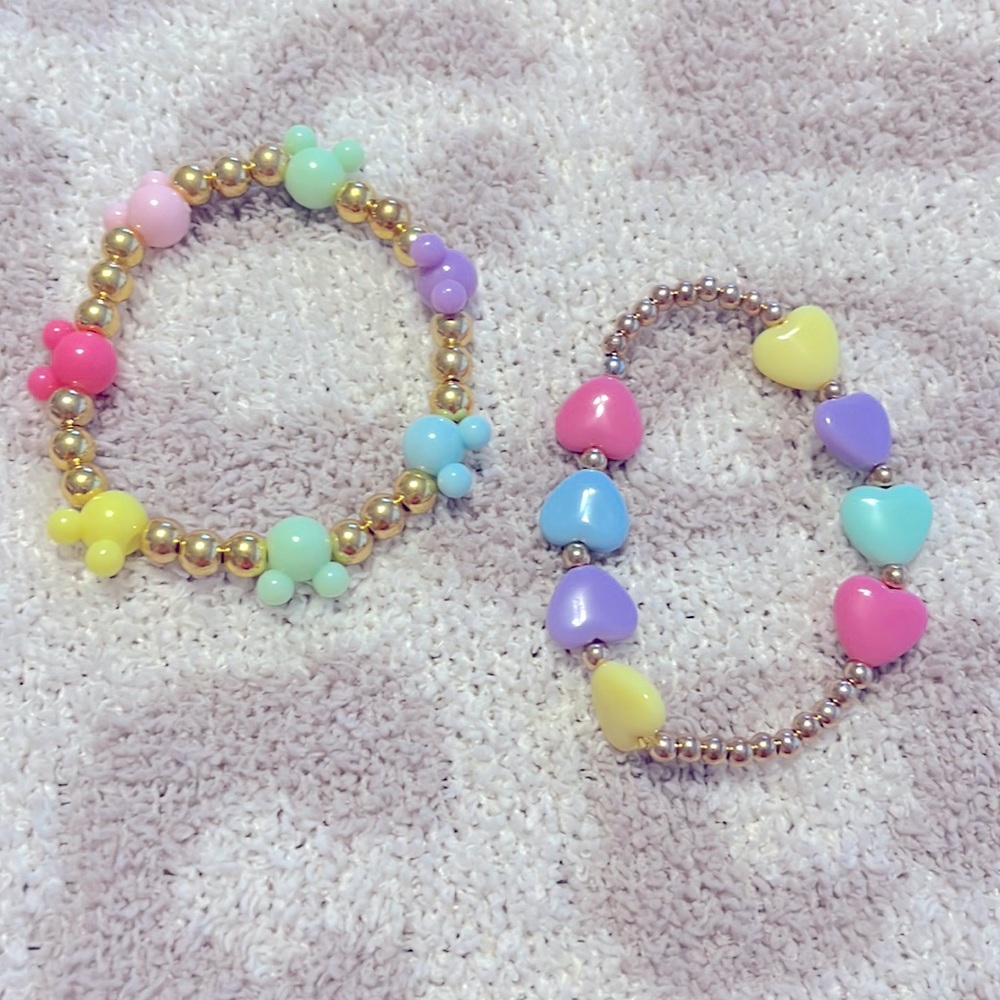 Set of 2 color coordinated beaded bracelets- Mickey Mouse and Hearts